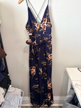 4 Now Fashion Navy Floral Leg Slit Jumpsuit NWT Size M